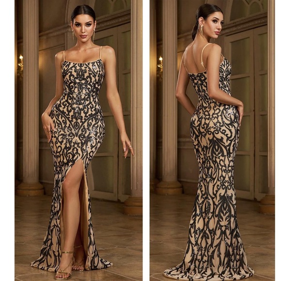 Small Sequins bodycon fitted evening dress in Black Gold - Picture 8 of 8